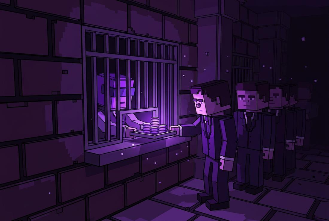 A barred teller window in a dark hall; a clerk pushes a tray of glowing coins out to a queue of waiting brokers.