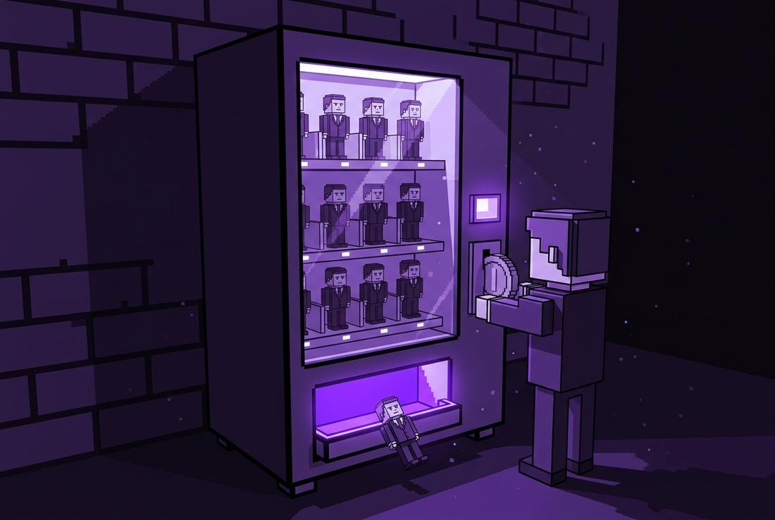 A lit vending machine full of small broker figurines, one broker inserting a coin while a figurine drops into the glowing tray.
