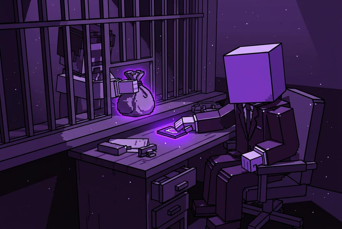 A blocky broker seated at his desk sliding a glowing badge across a barred pawnshop counter while a money bag comes back the other way.